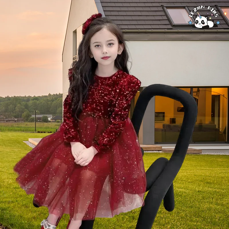 LEZONKIDS - Novo vestido de Natal para menina, vestido de princesa para festa, vestido de manga longa com lantejoulas para aniversário